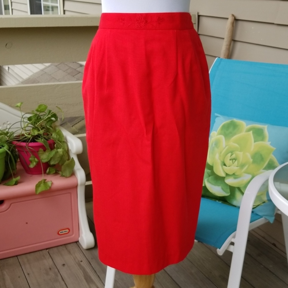 High Waist Red Linen Like Pencil Skirt